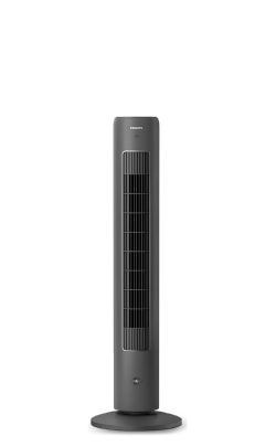 (öffnet im selben Fenster) Ein großer, schwarzer Philips Tower-Ventilator 5000 Series mit einer Aromatherapie-Taste auf der Vorderseite