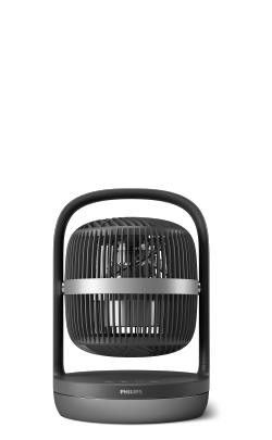 (öffnet im selben Fenster) Ein kleiner schwarzer Philips Tischventilator 3000 Series mit automatischer Rotationsfunktion.