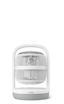 (öffnet im selben Fenster) Ein kleiner Philips Tischventilator Series 3000 mit weißer Außenseite und grauer Basis.